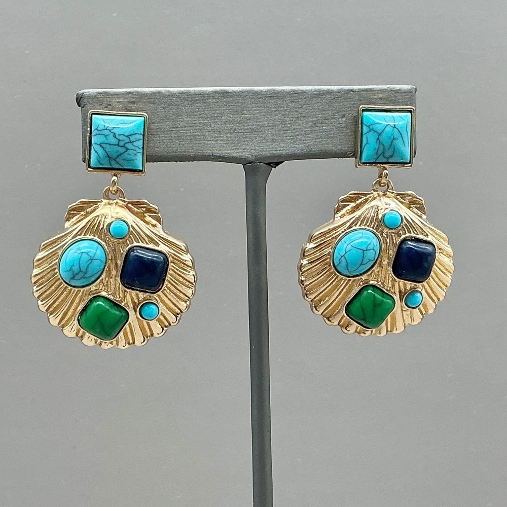 Scallop Shell Drop Earrings Women Gold Turquoise Blue Green Faux Stone Coastal